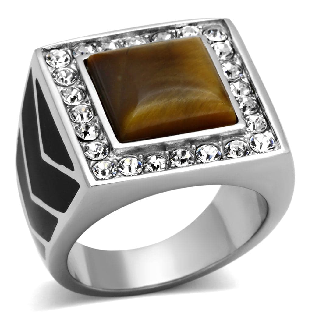 Stainless Steel Silver Tiger Eye Square CZ Halo Mens Signet Ring