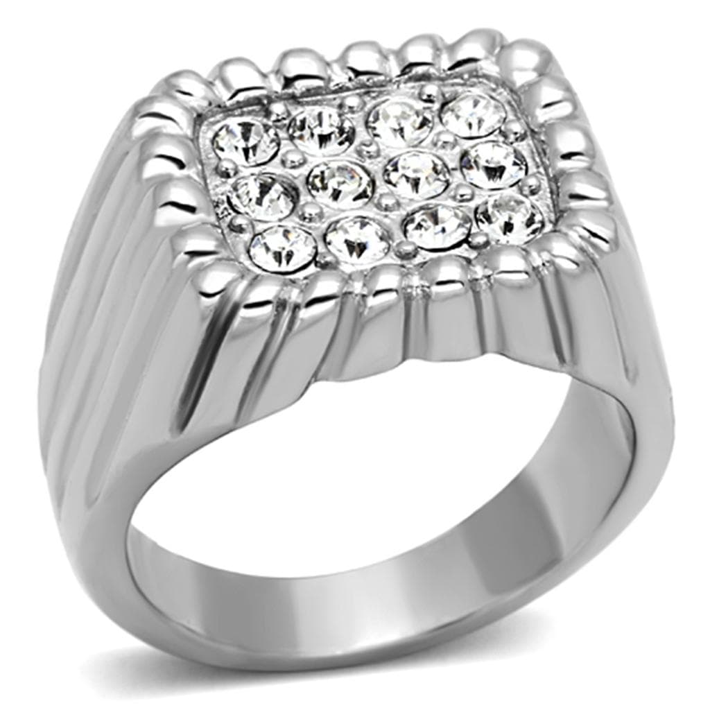 Stainless Steel Silver CZ Pave Ribbed Burst Square Mens Ring