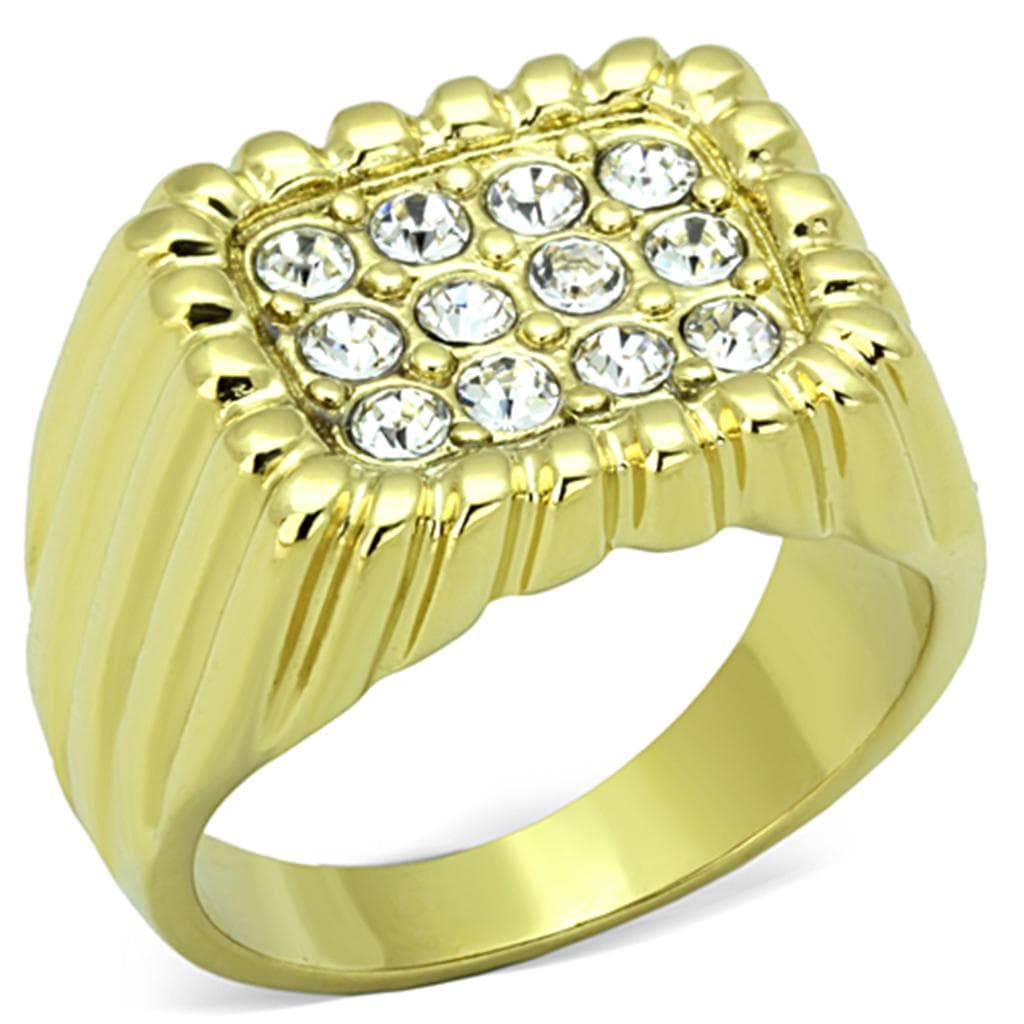 Stainless Steel Gold IP CZ Pave Ribbed Burst Square Mens Ring