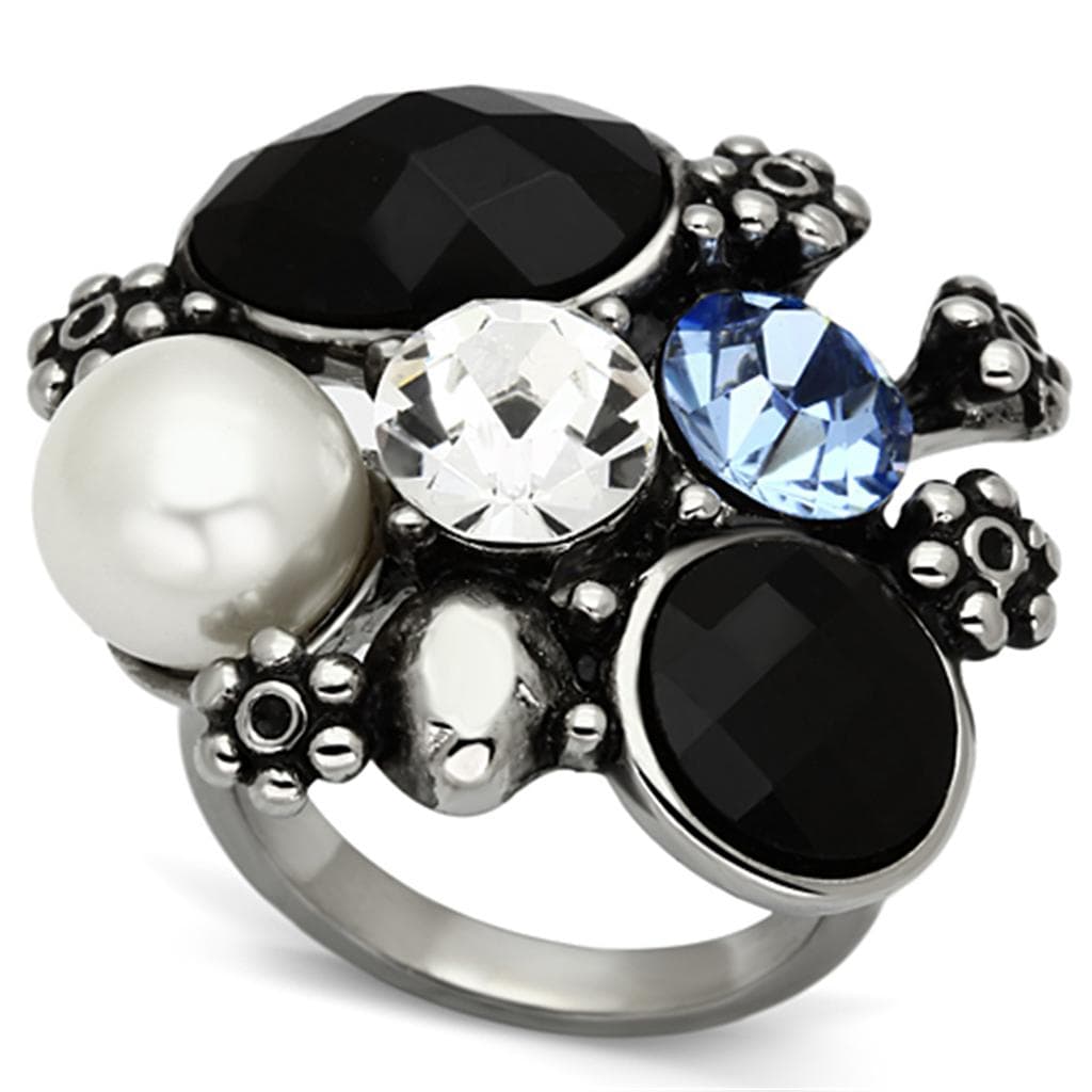 Stainless Steel Silver Pearl Crystal Multi Stone Cluster Ring