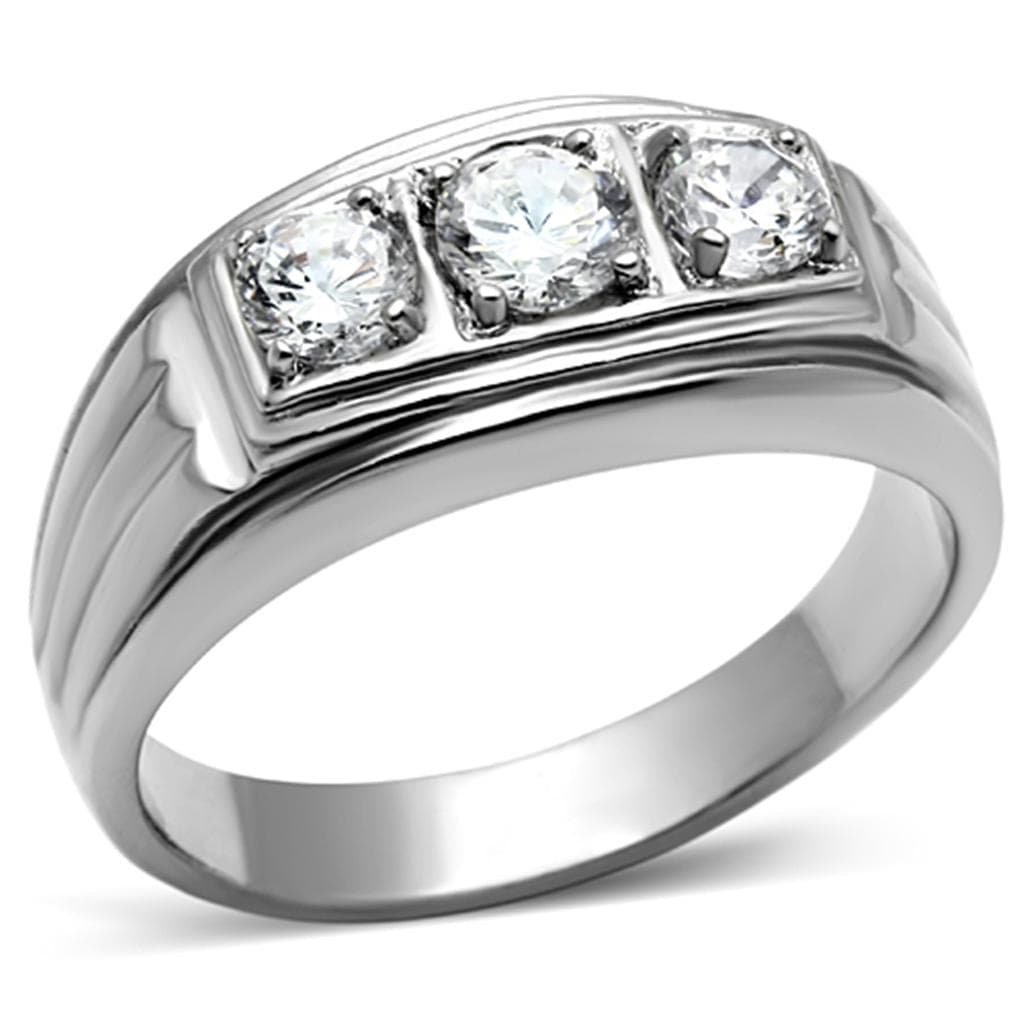 Stainless Steel Silver CZ Three Stone Round Channel Wide Ring
