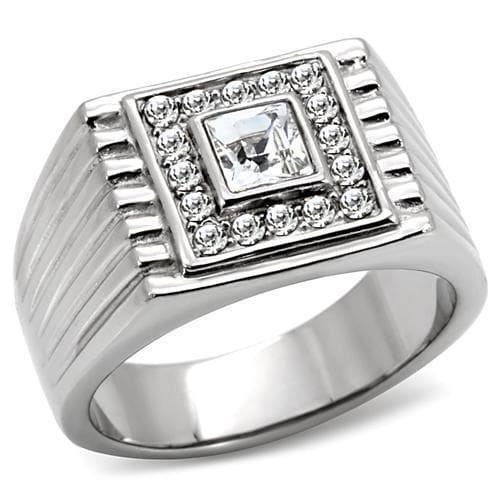 Stainless Steel Silver CZ Princess Clear Halo Ribbed Square Ring