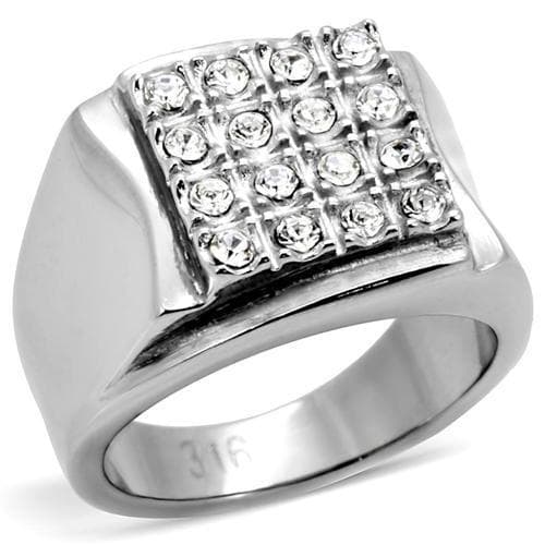 Stainless Steel Silver CZ Grid Pave Polished Square Mens Ring