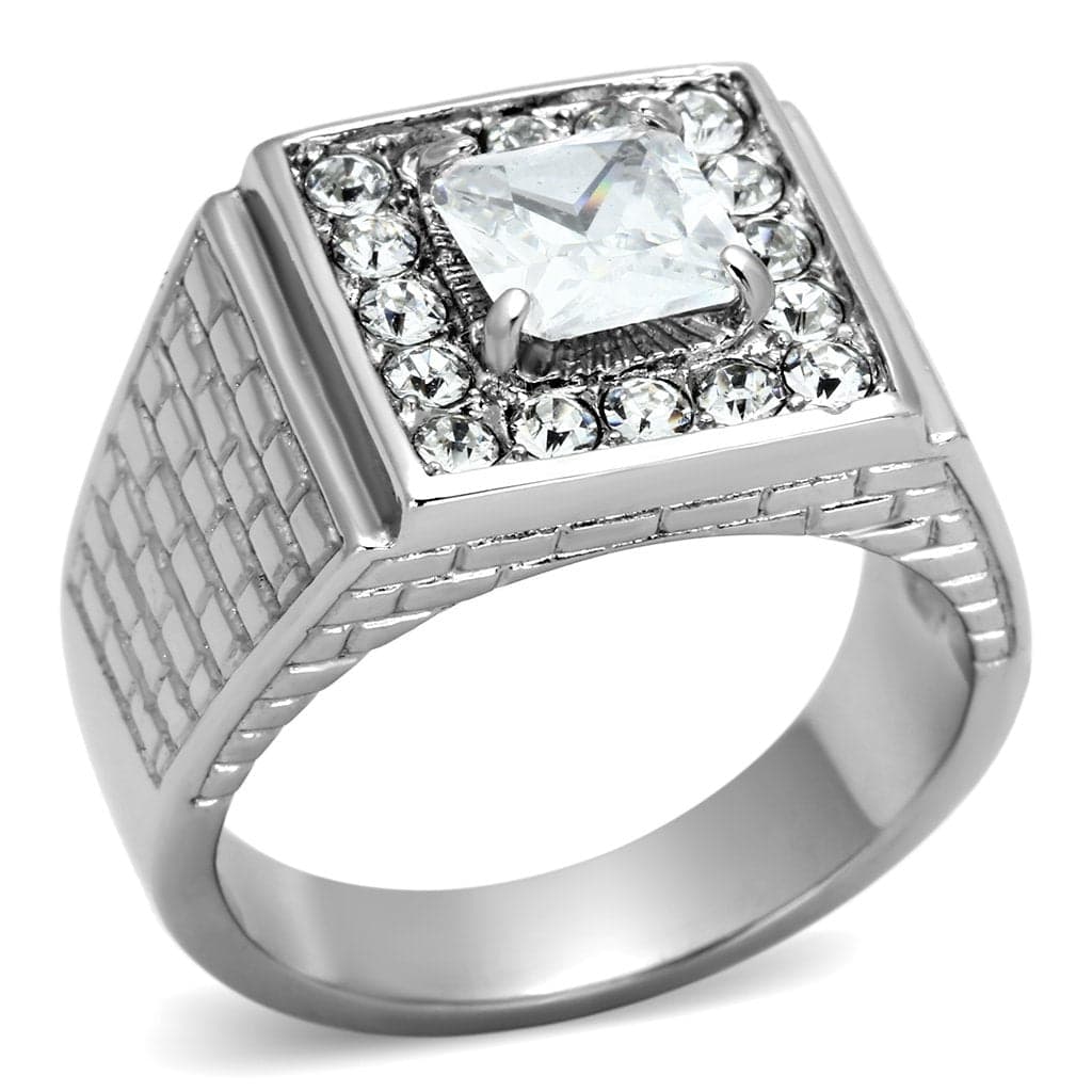 Stainless Steel Silver CZ Princess Clear Pave Halo Ring