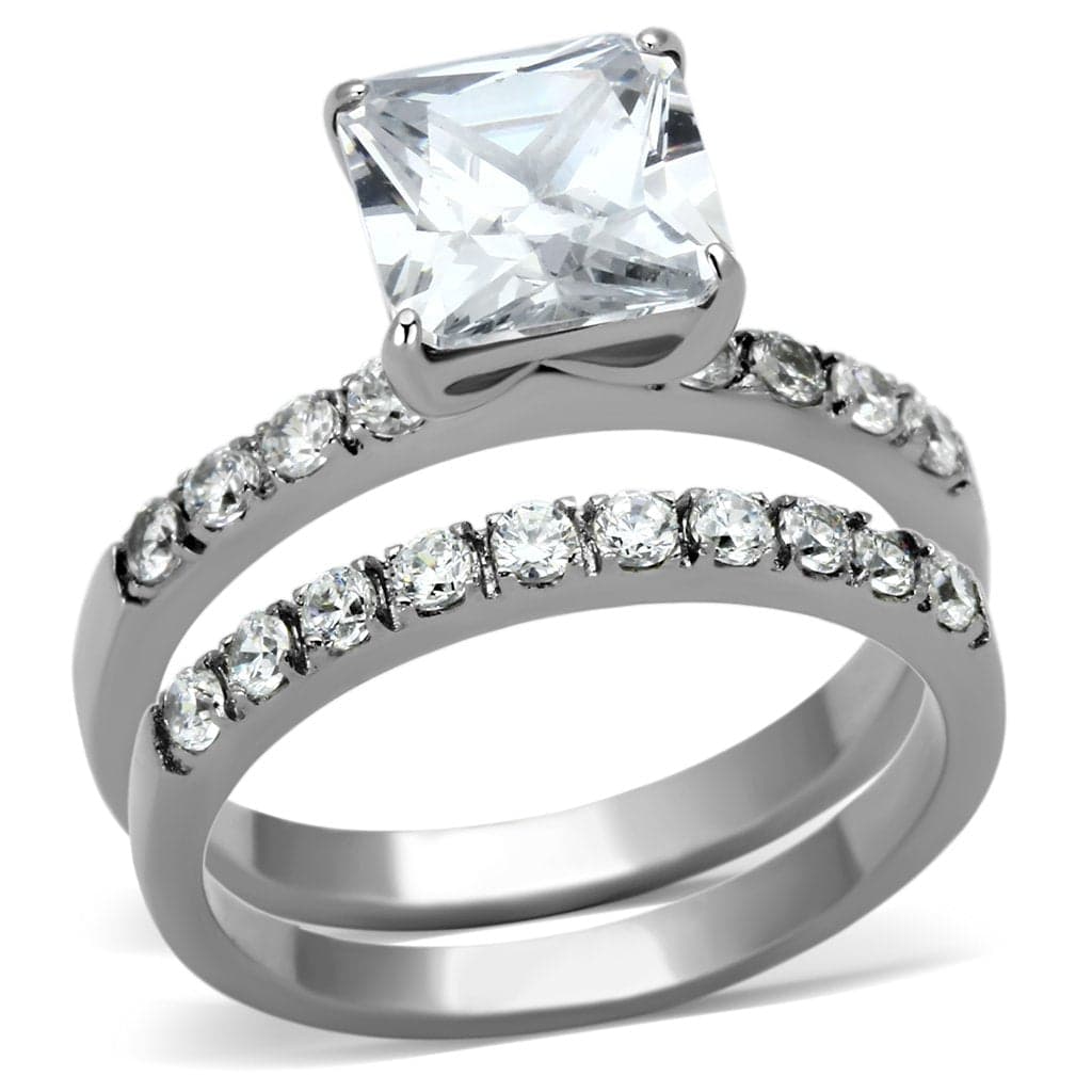 Stainless Steel Silver CZ Princess Pave Channel Bridal Set Ring