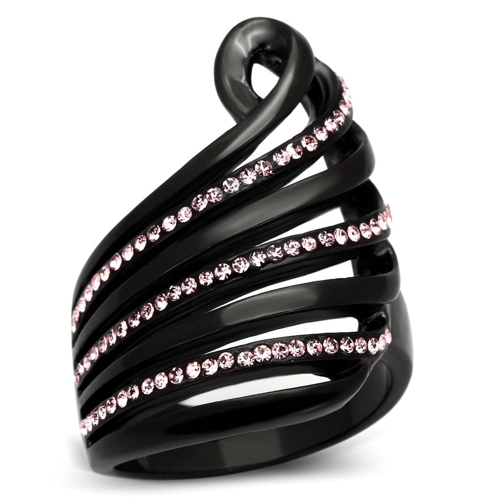 Stainless Steel Dark IP Pink Crystal Multi Stripe Wave Ring