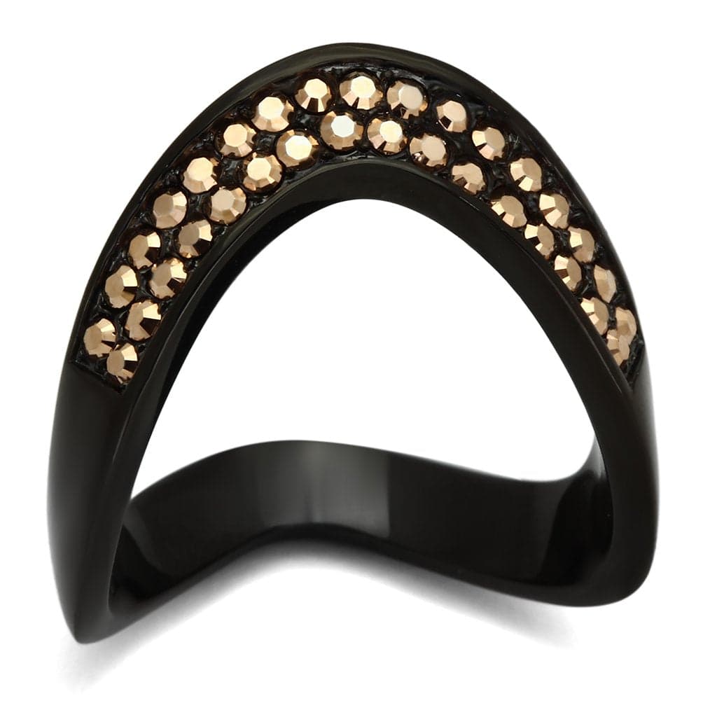 Stainless Steel Dark IP Champagne Crystal Curved V Band Ring