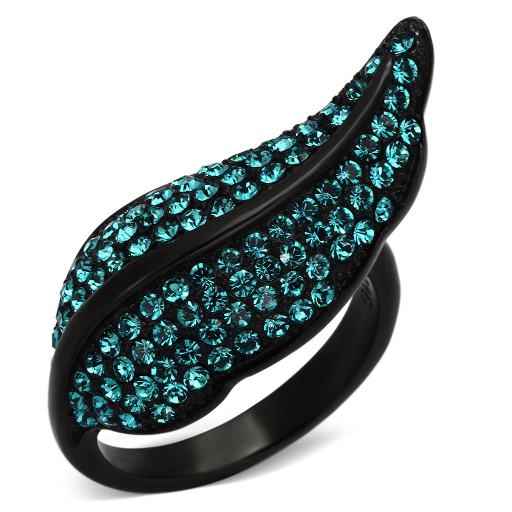 Stainless Steel Dark IP Teal Crystal Pave Leaf Ring