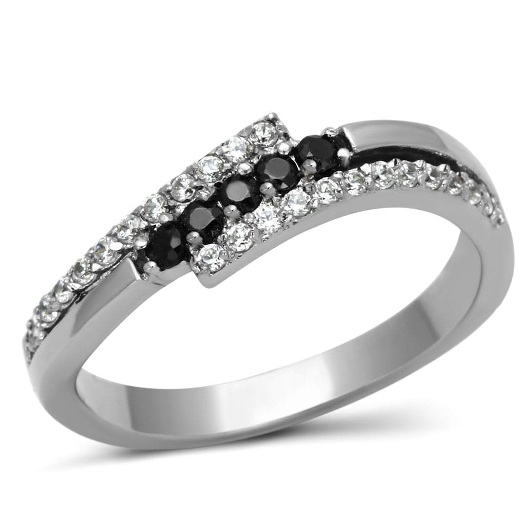 Stainless Steel Silver CZ Round Black CZ Accent Crossover Ring