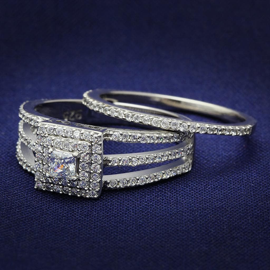 Sterling Silver CZ Princess Halo Wide Bridal Set Ring