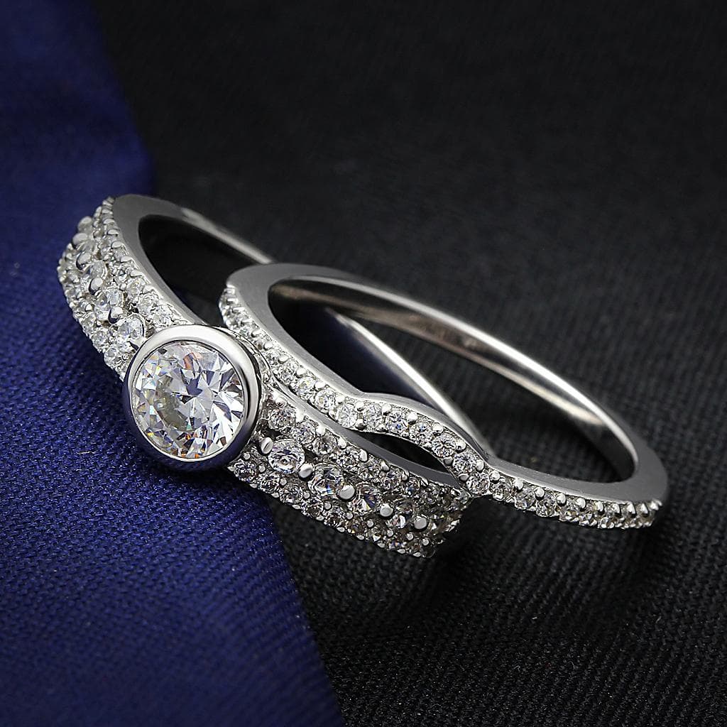 Sterling Silver CZ Round Bezel Solitaire Pave Ring