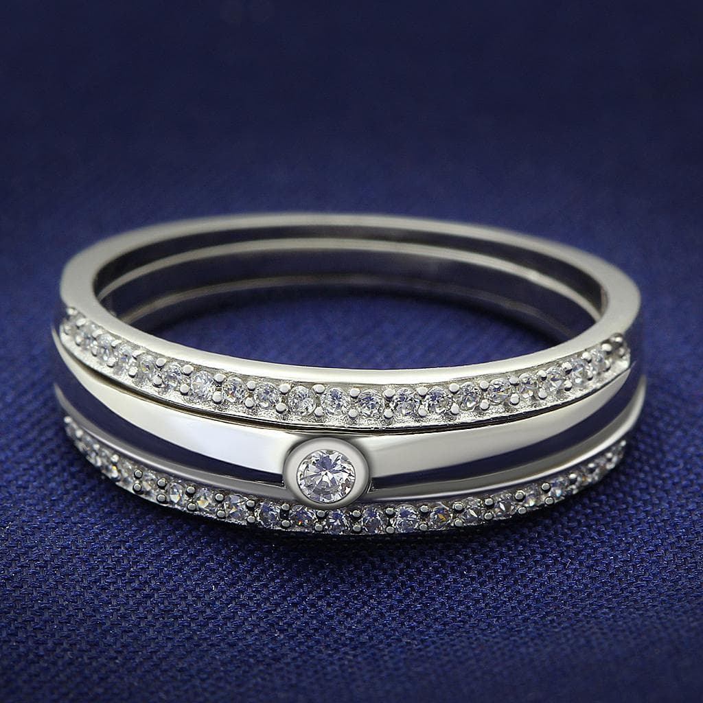Sterling Silver CZ Bezel Pave Trio Stack Thin Ring
