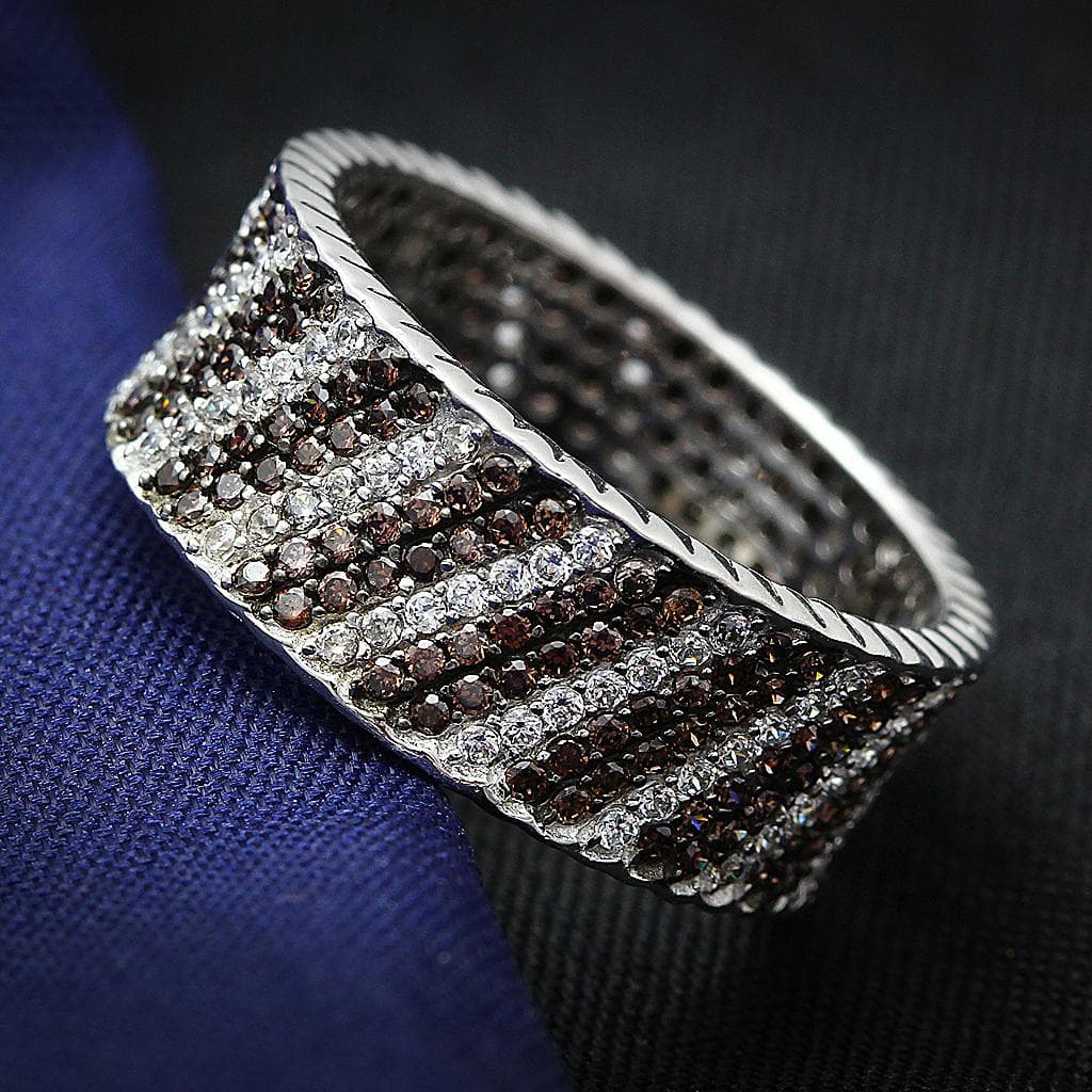 Sterling Silver CZ Chocolate Pave Striped Wide Band Ring