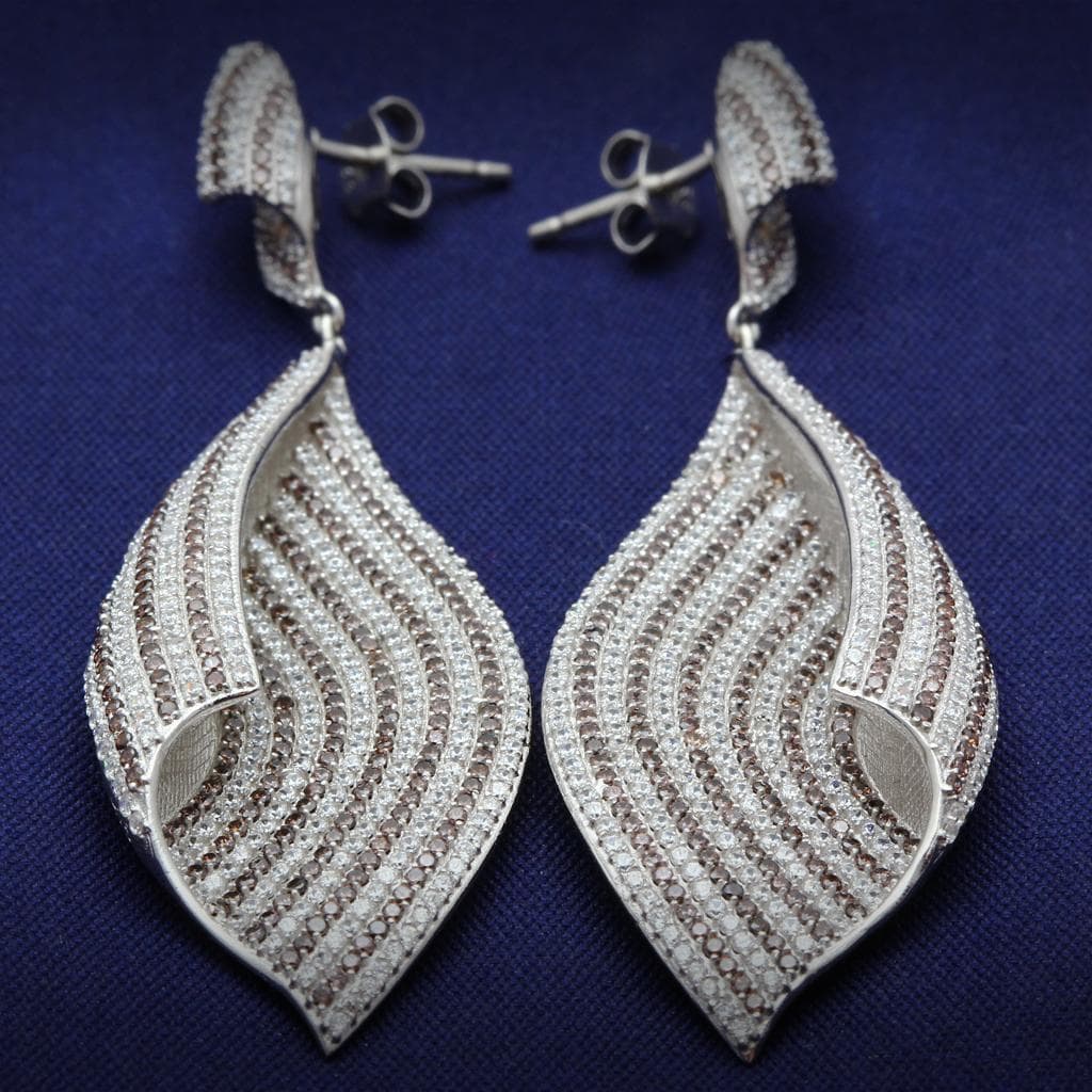 Sterling Silver CZ Pave Leaf Wave Drop Earrings