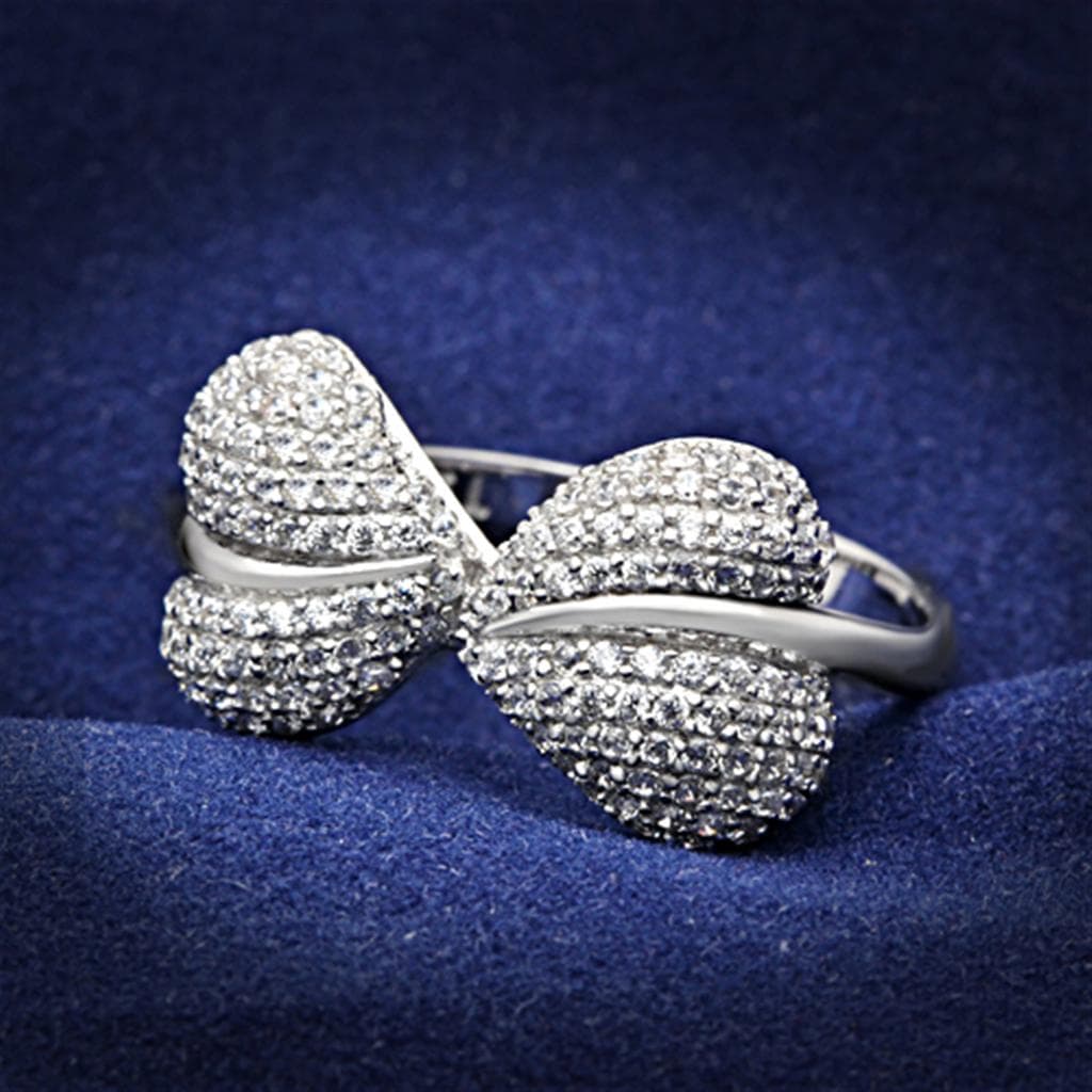 Sterling Silver CZ Pave Bow Crossover Dome Ring