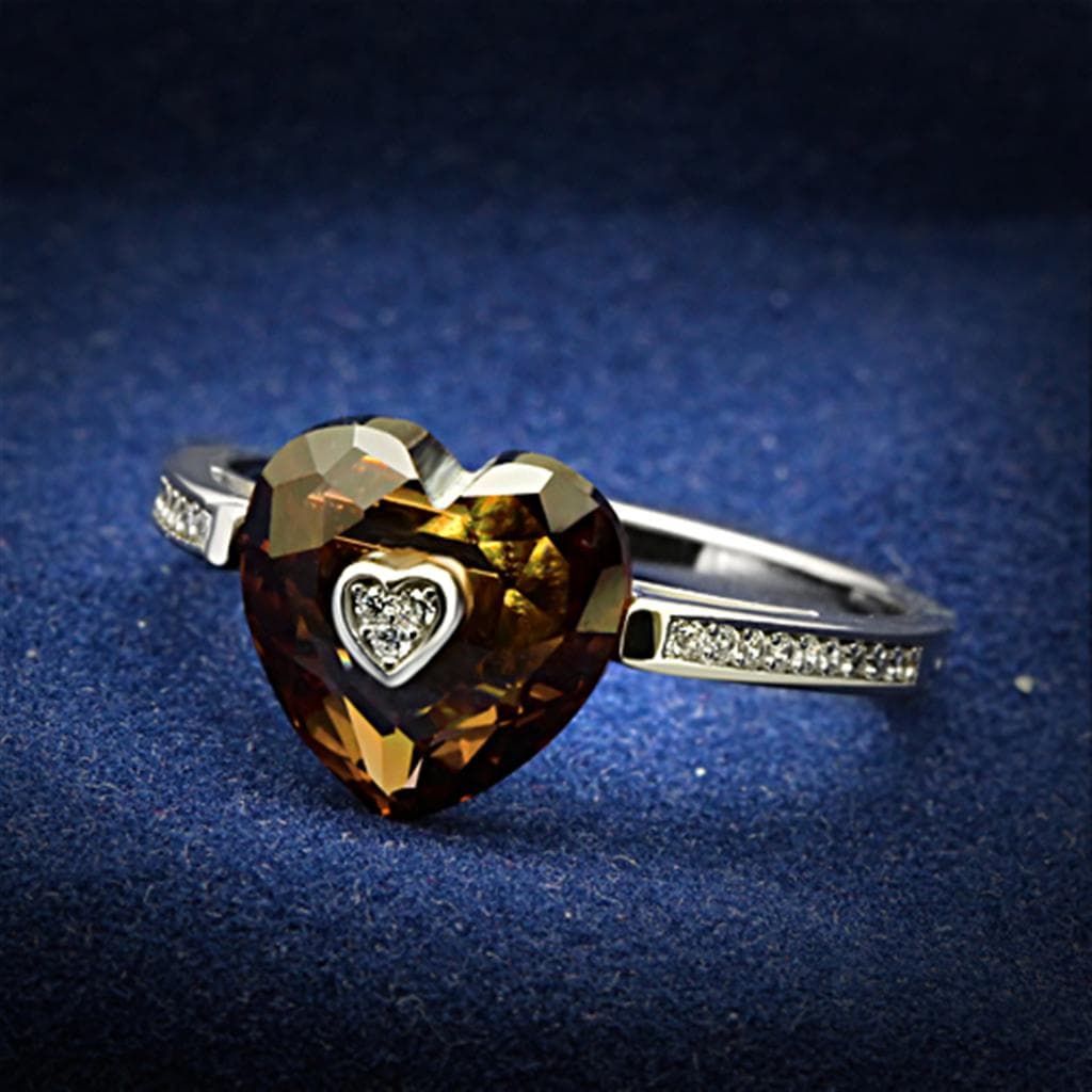 Sterling Silver Smoky Quartz Heart CZ Accent Ring