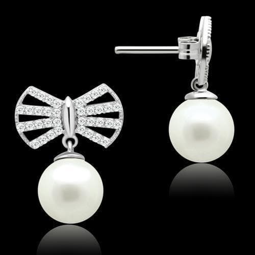 Sterling Silver CZ Pave Bow Pearl Drop Stud Earrings