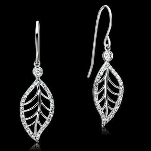 Sterling Silver CZ Pave Leaf Dangle Hook Earrings