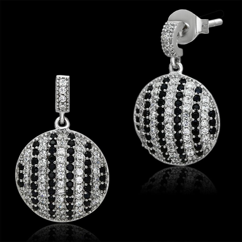 Sterling Silver CZ Black Pave Ball Round Drop Earrings