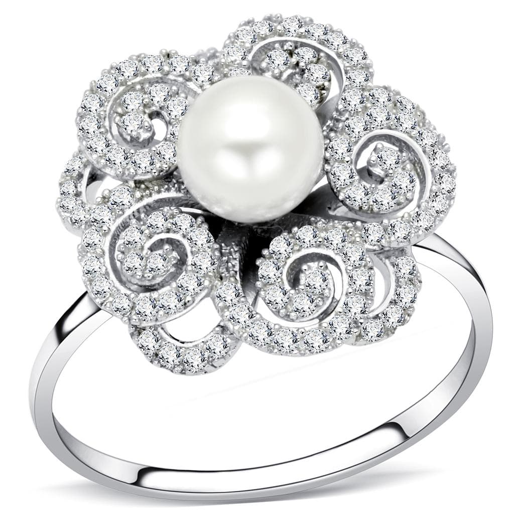 Sterling Silver CZ Pearl Flower Swirl Halo Ring