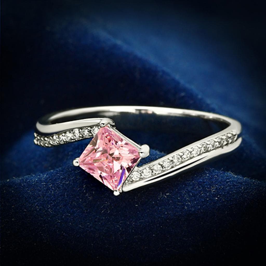 Sterling Silver Pink CZ Princess Bypass Pave Thin Ring