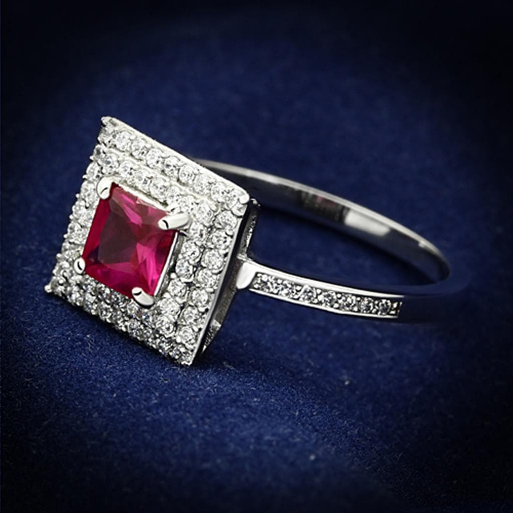 Sterling Silver Ruby Princess Double Halo Pave Ring