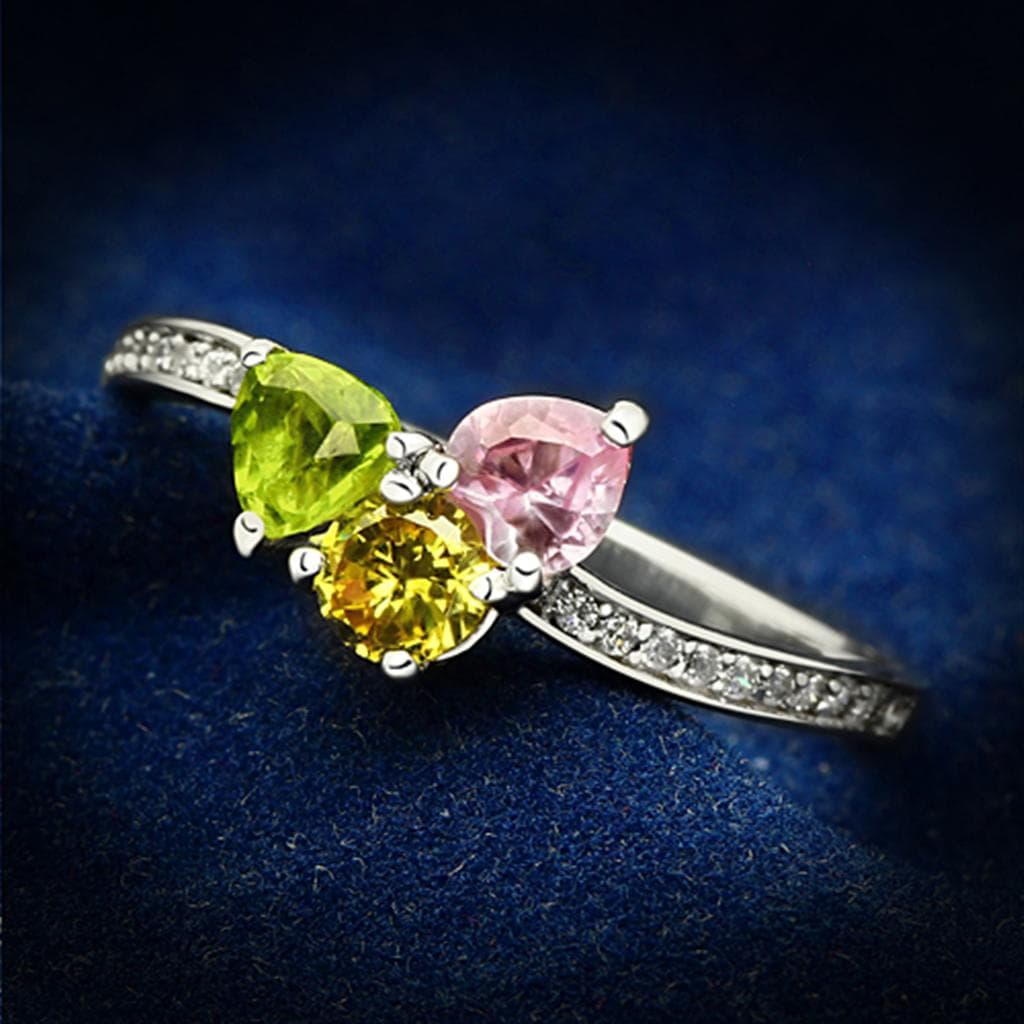 Sterling Silver Multi Color CZ Triple Round Prong Ring