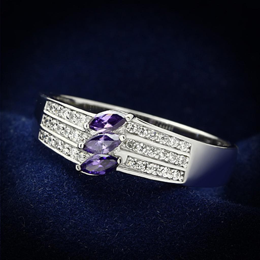 Sterling Silver Amethyst Marquise Triple Channel Pave Wide Ring