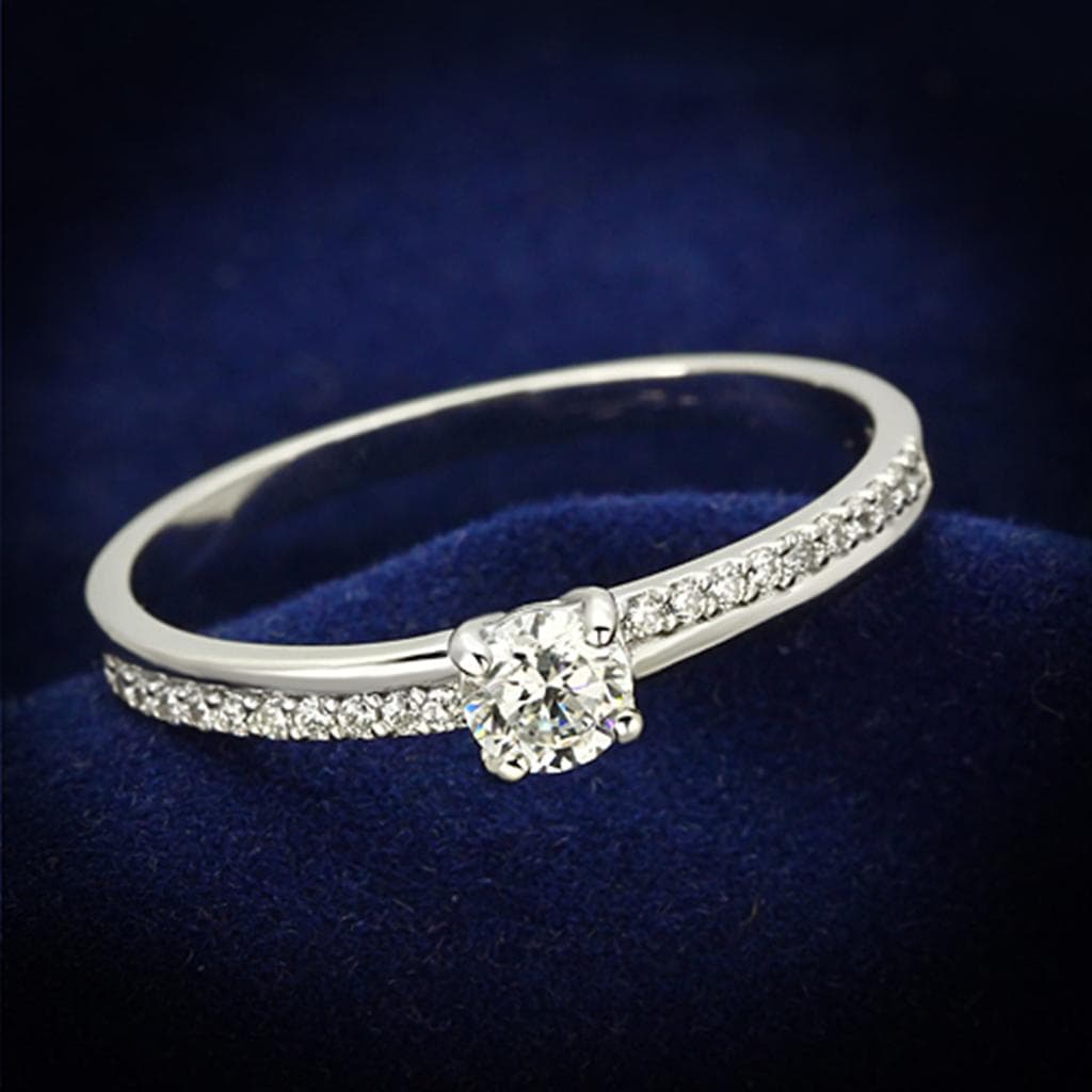 Sterling Silver CZ Round Solitaire Heart Accent Thin Ring