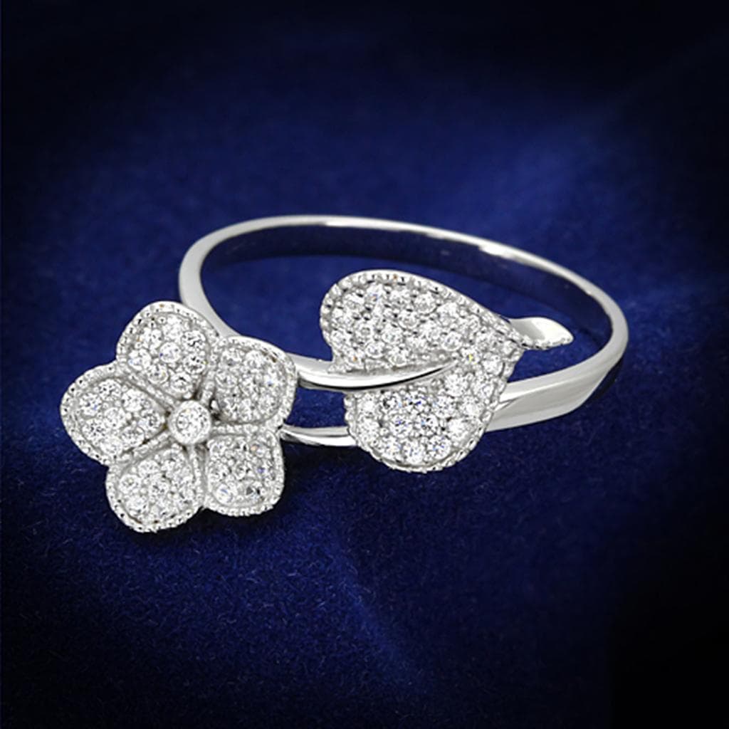 Sterling Silver CZ Pave Flower Clover Open Ring
