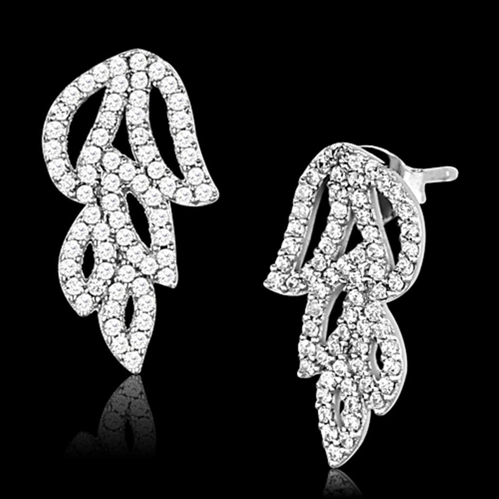 Sterling Silver CZ Pave Leaf Wing Climber Stud Earrings
