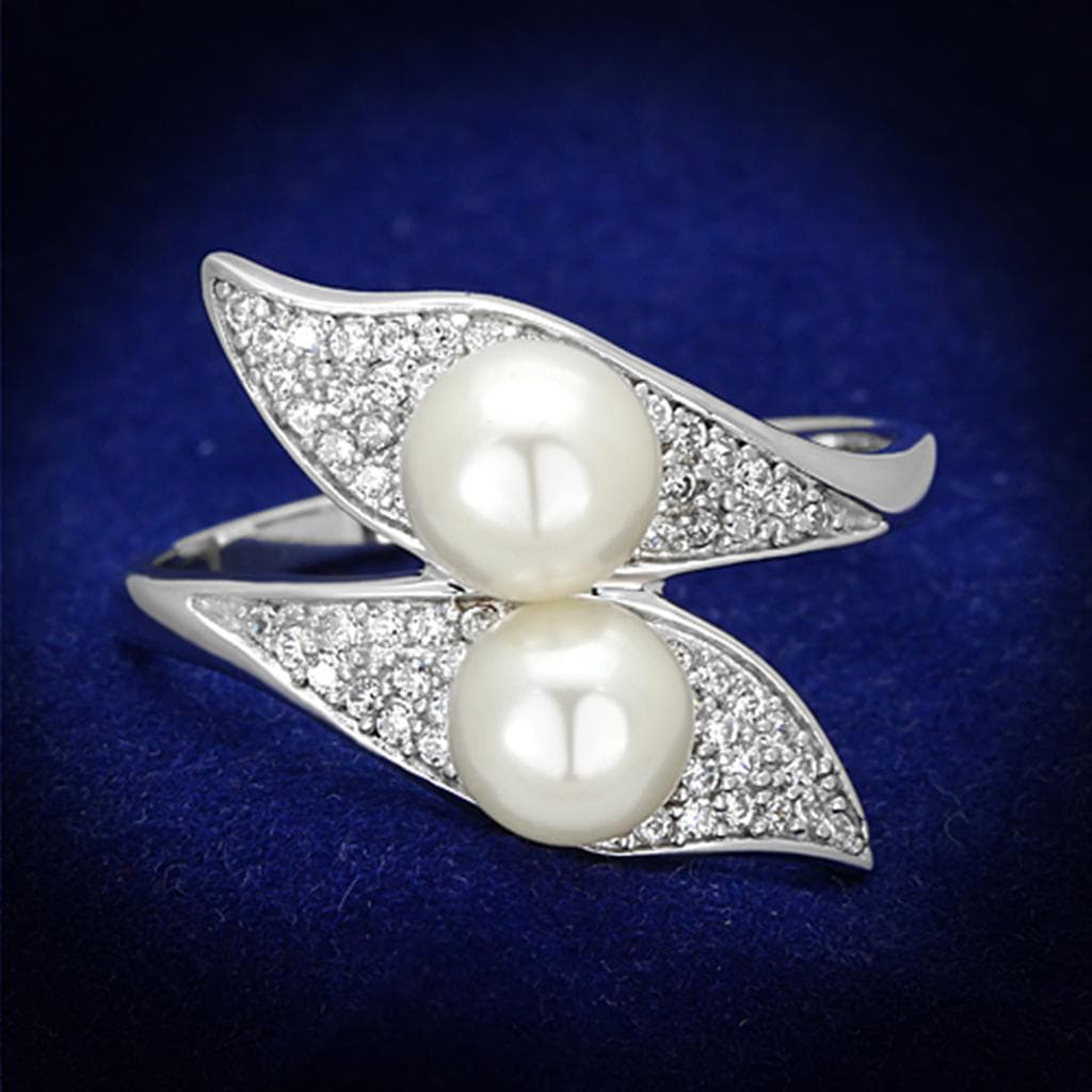 Sterling Silver CZ Pearl Double Leaf Bypass Ring