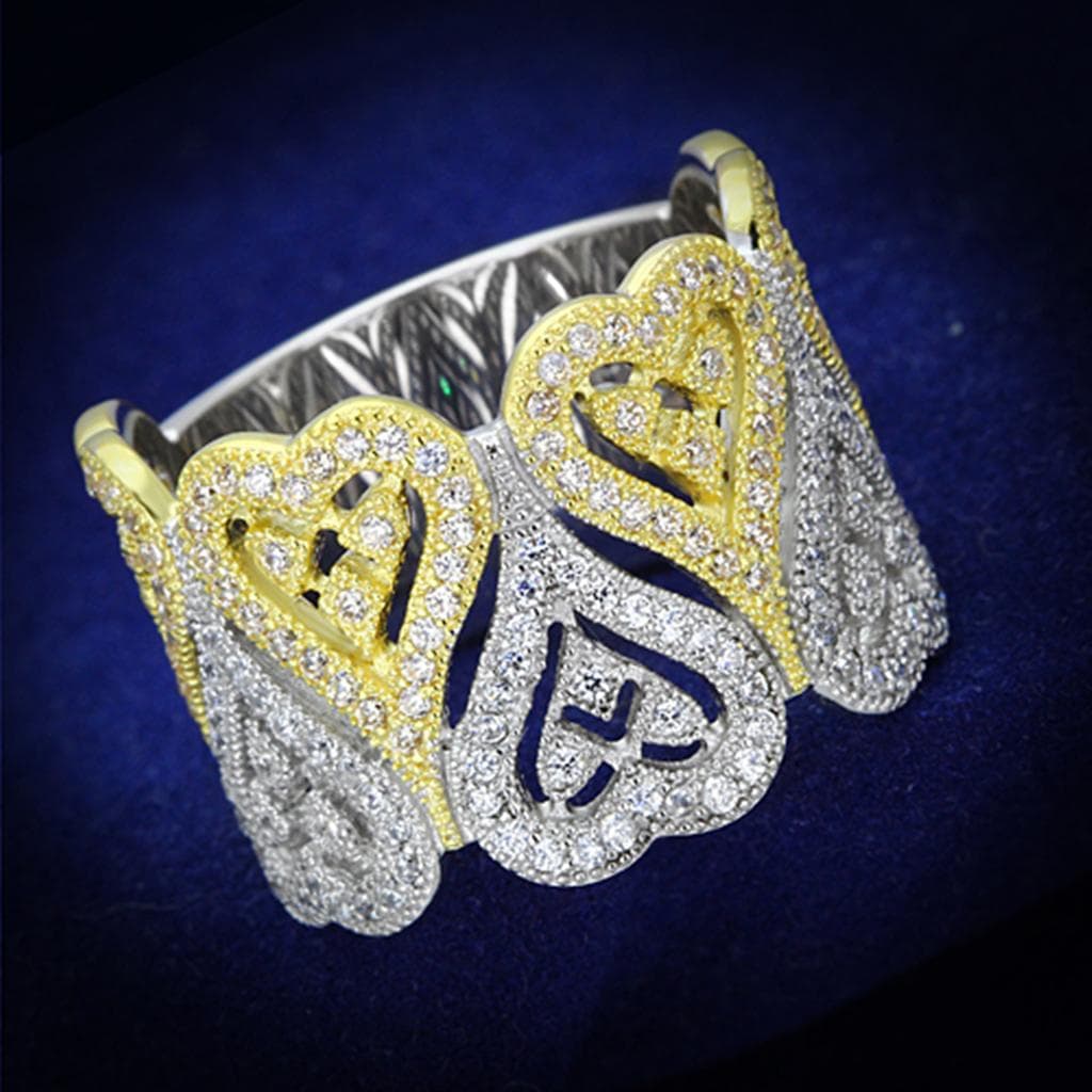 Sterling Silver Gold Two Tone CZ Heart Cutout Wide Ring