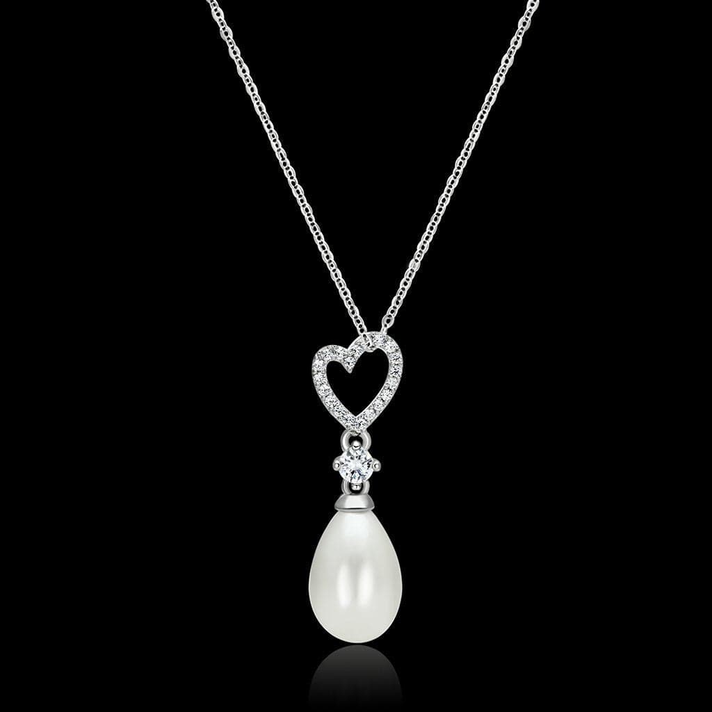 Sterling Silver CZ Heart Pearl Teardrop Drop Pendant Necklace