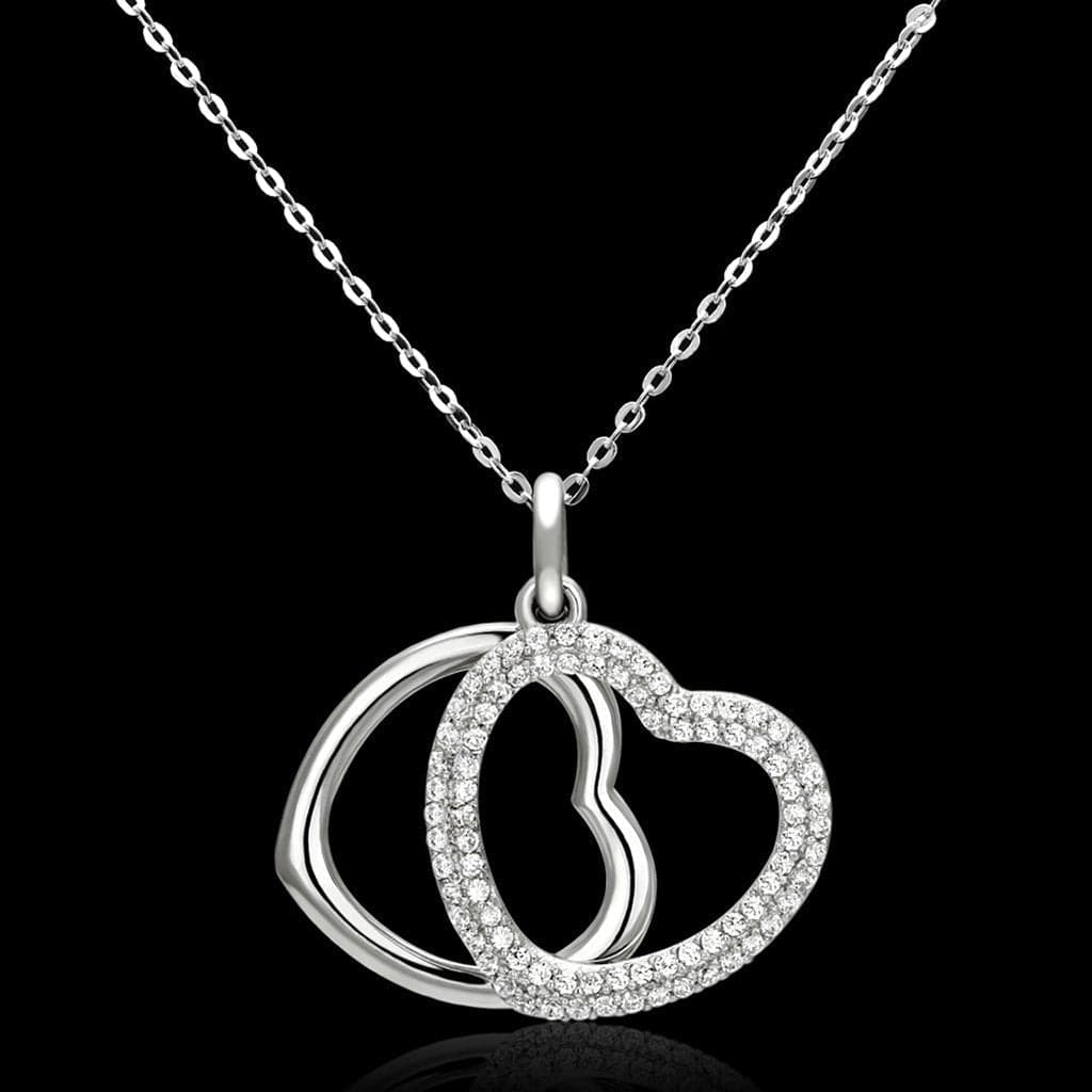 Sterling Silver CZ Double Circle Heart Pendant Necklace