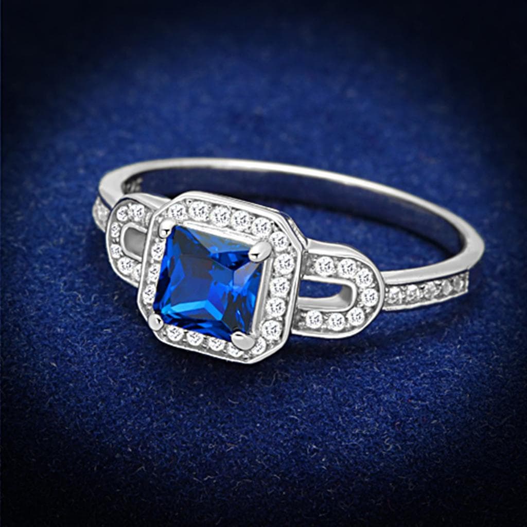 Sterling Silver Blue Sapphire Princess Halo Pave Ring