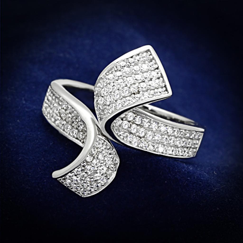 Sterling Silver CZ Pave Ribbon Twist Bow Wide Ring