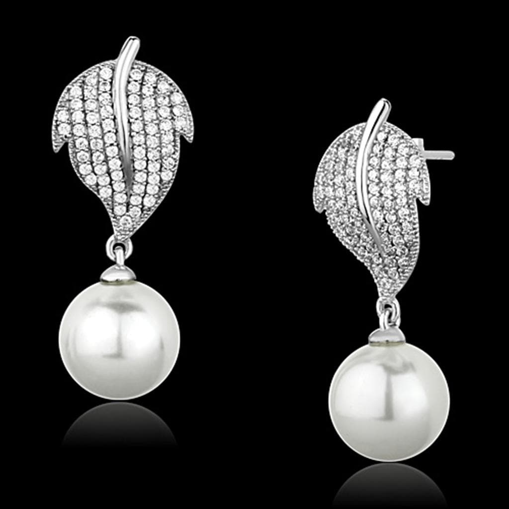 Sterling Silver CZ Pave Leaf Pearl Drop Stud Earrings