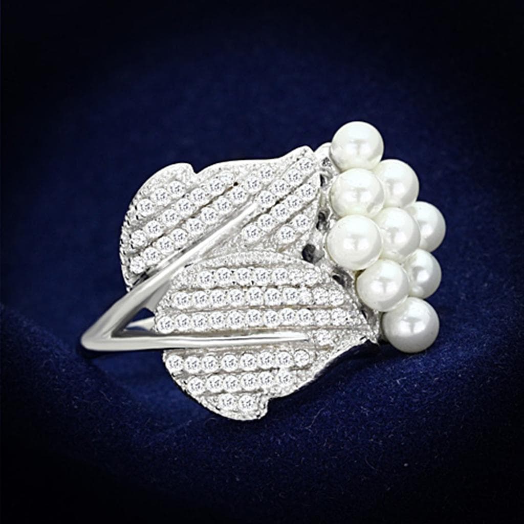 Sterling Silver CZ Pearl Leaf Cluster Wrap Ring