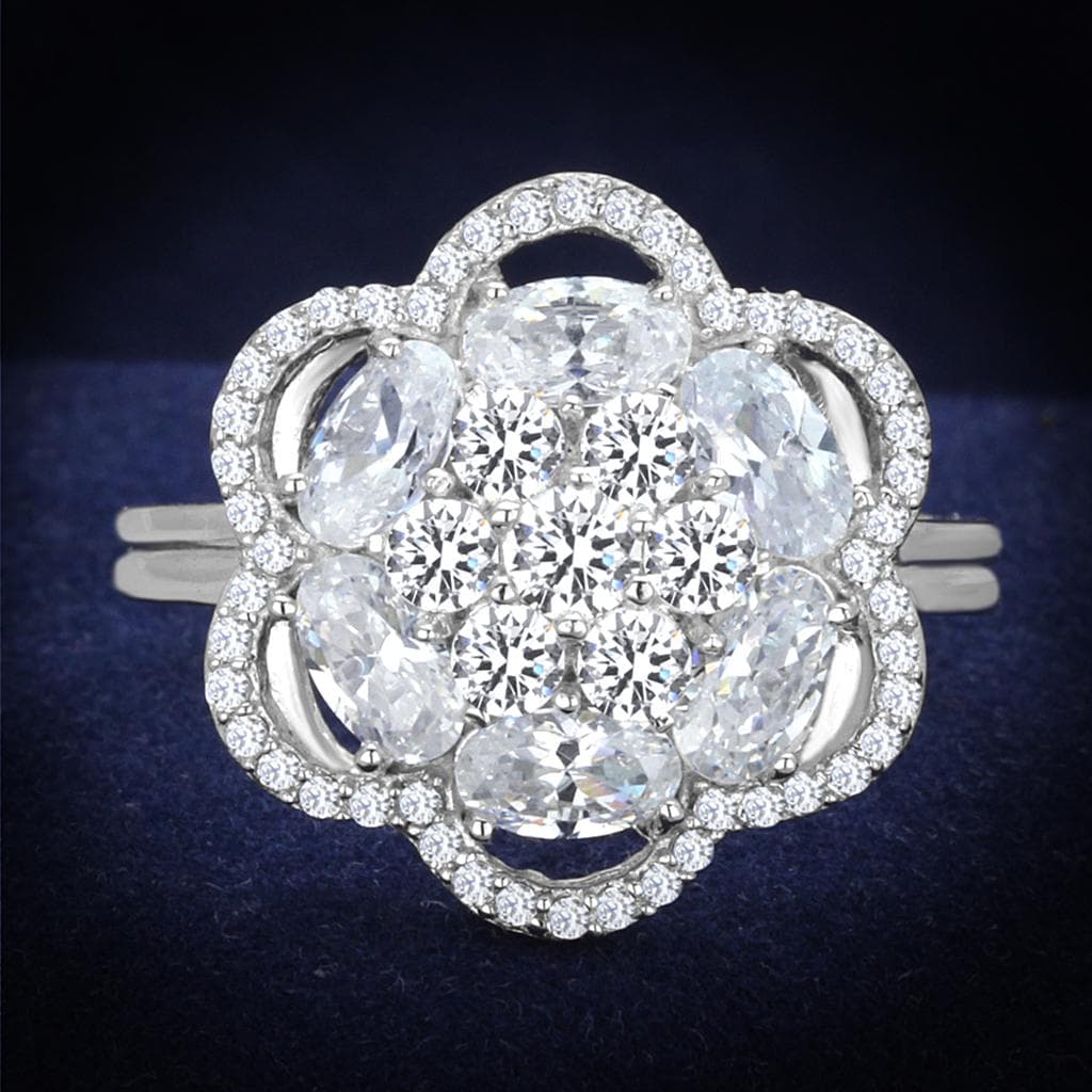 Sterling Silver CZ Round Oval Flower Cluster Ring