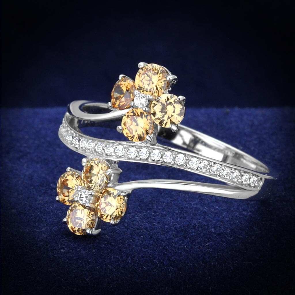 Sterling Silver Champagne CZ Flower Bypass Ring