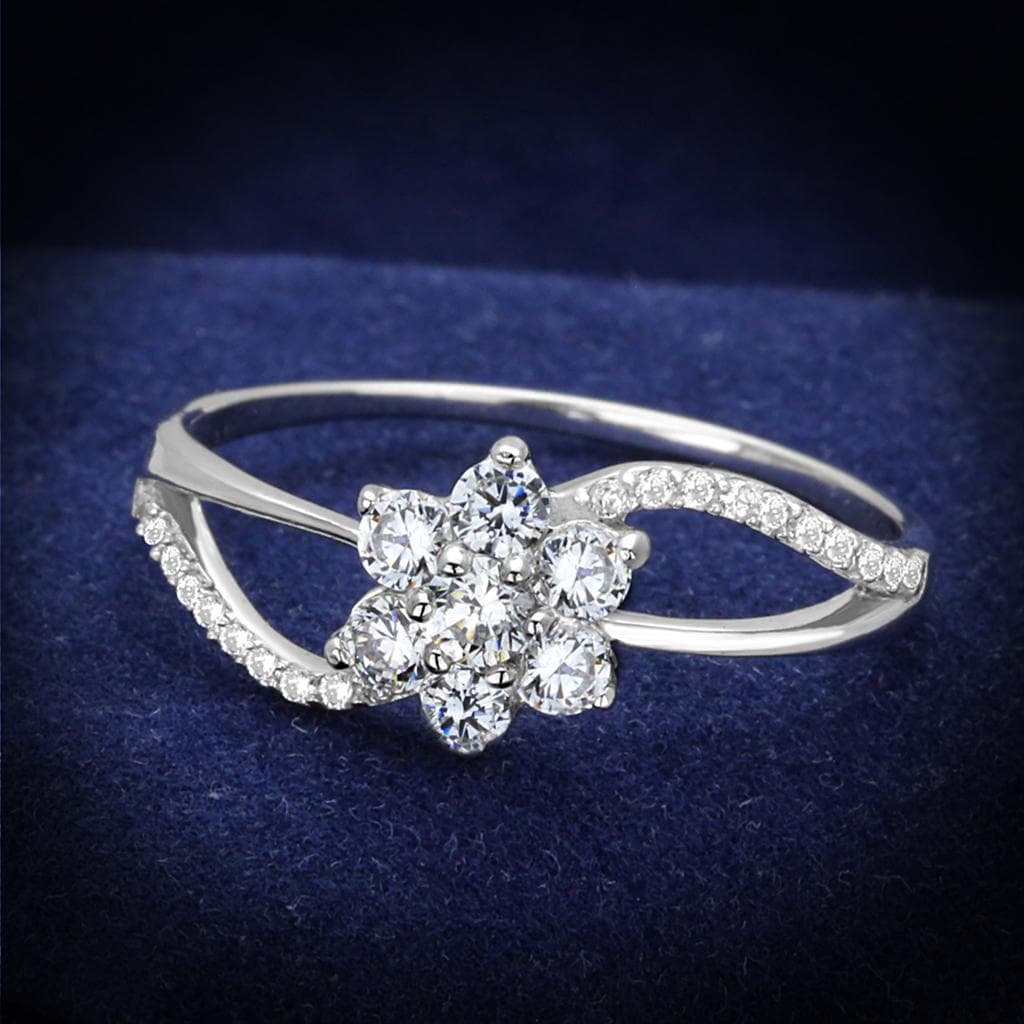 Sterling Silver CZ Round Flower Cluster Bypass Ring