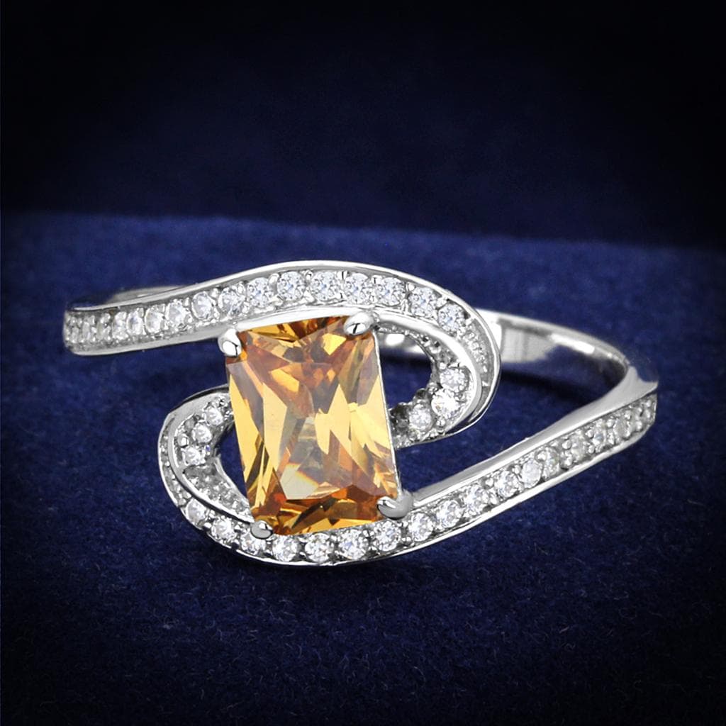 Sterling Silver Citrine Emerald Cut CZ Bypass Swirl Ring