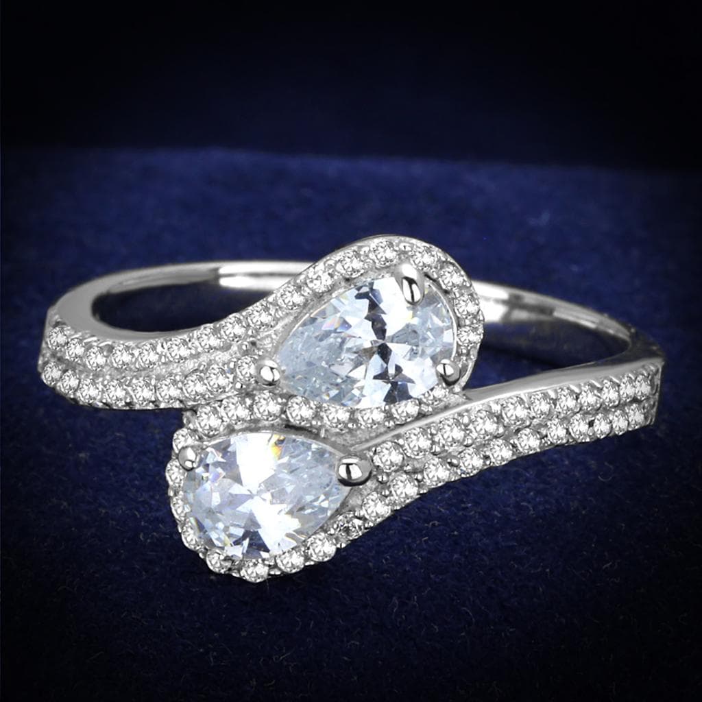 Sterling Silver CZ Round Pear Twisted Bypass Pave Ring