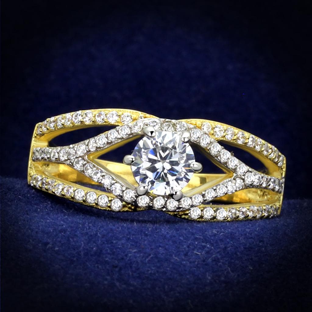 Sterling Silver Gold Two Tone CZ Round Woven Split Bridal Ring