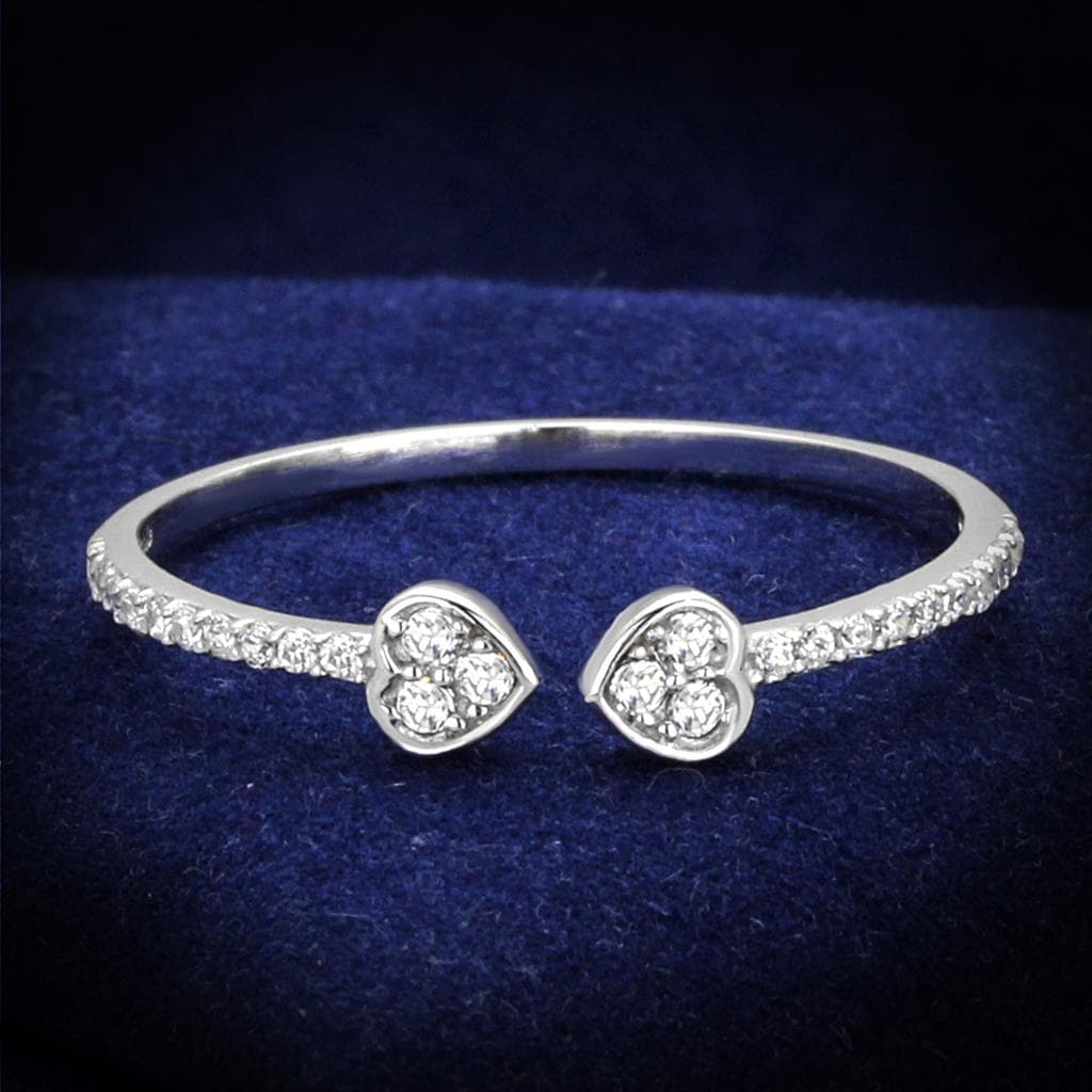 Sterling Silver CZ Heart Double Open Bangle Cuff Ring