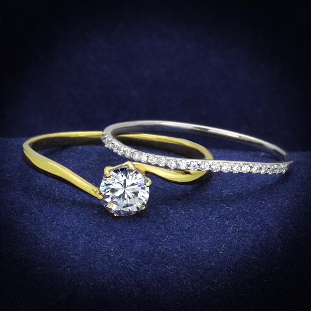 Sterling Silver Gold Two Tone CZ Round Solitaire Bridal Set Ring
