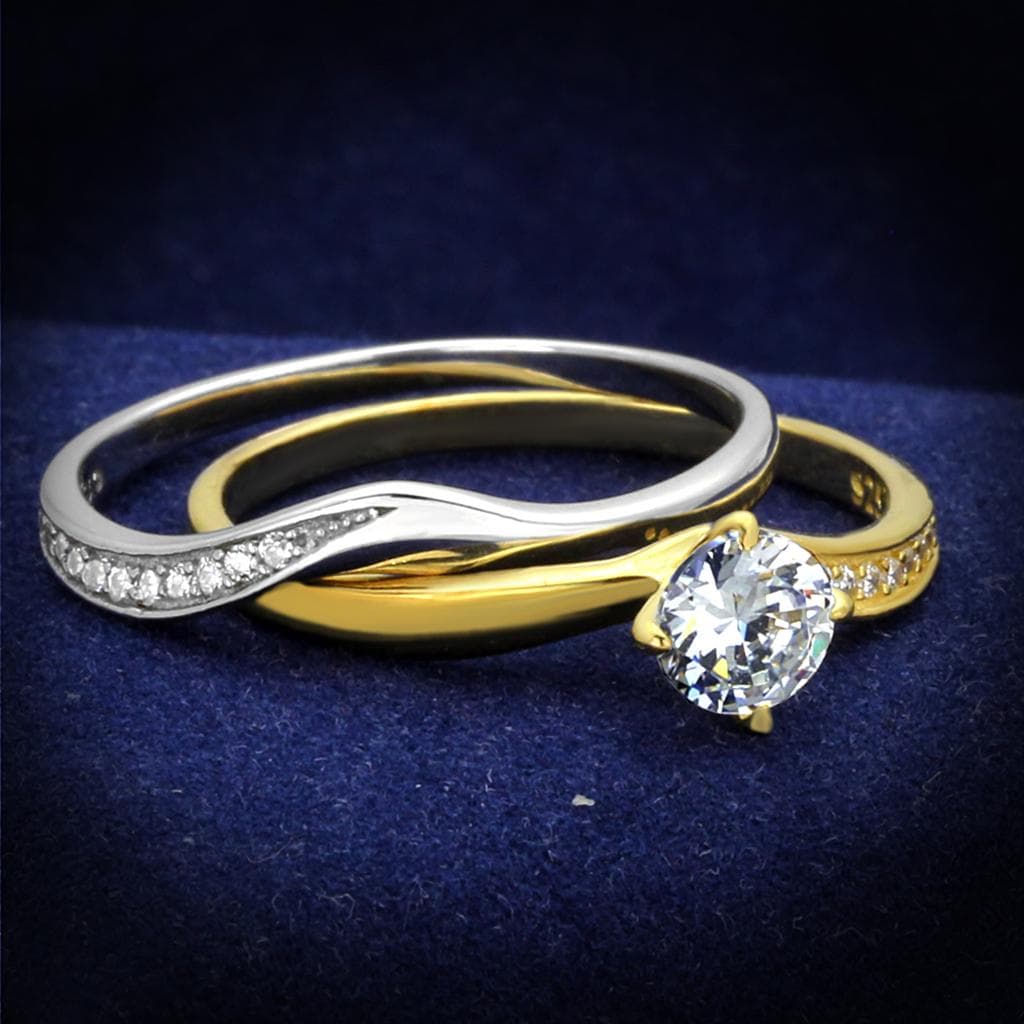 Sterling Silver Gold Two Tone CZ Round Pave Bridal Set Ring