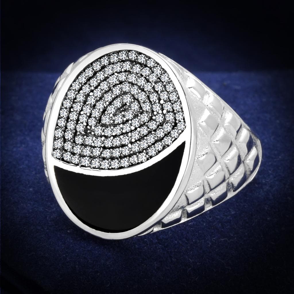 Sterling Silver Black Onyx CZ Pave Spiral Dome Signet Ring