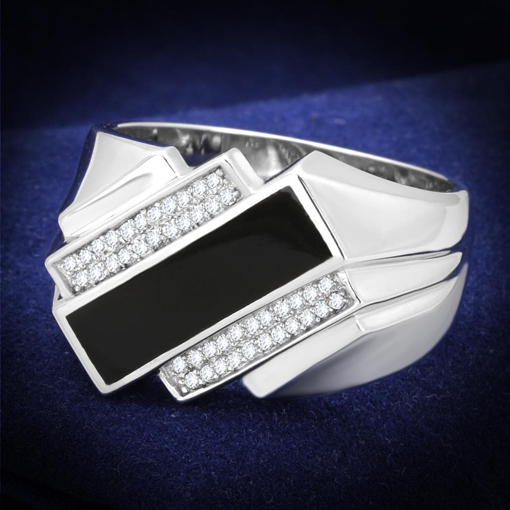 Sterling Silver Black Onyx CZ Pave Angular Signet Ring